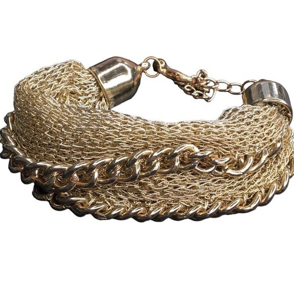 Bold Bracelet Gold Tone Chain and Fabric Mesh Chunky Wide Statement Mob Wife - Picture 3 of 6